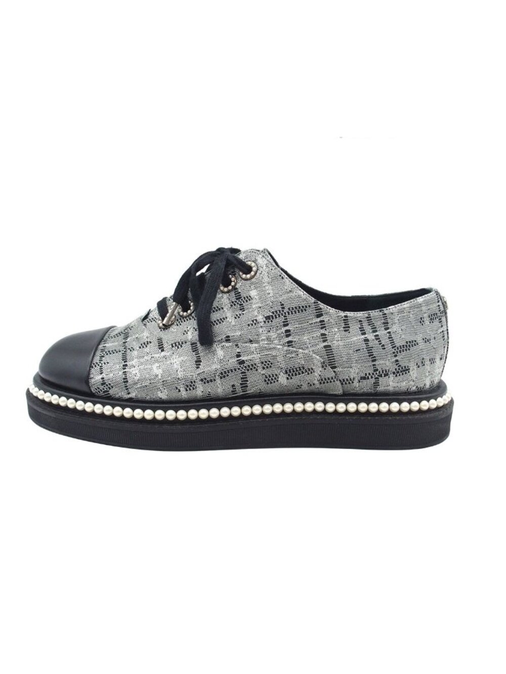 Chanel Sneakers Silver Fabric Leather Faux Pearl CC Logo Shoes